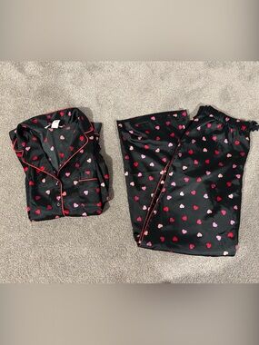 Victoria's Secret Black Satin Pajama Set with Red & Pink Heart Print